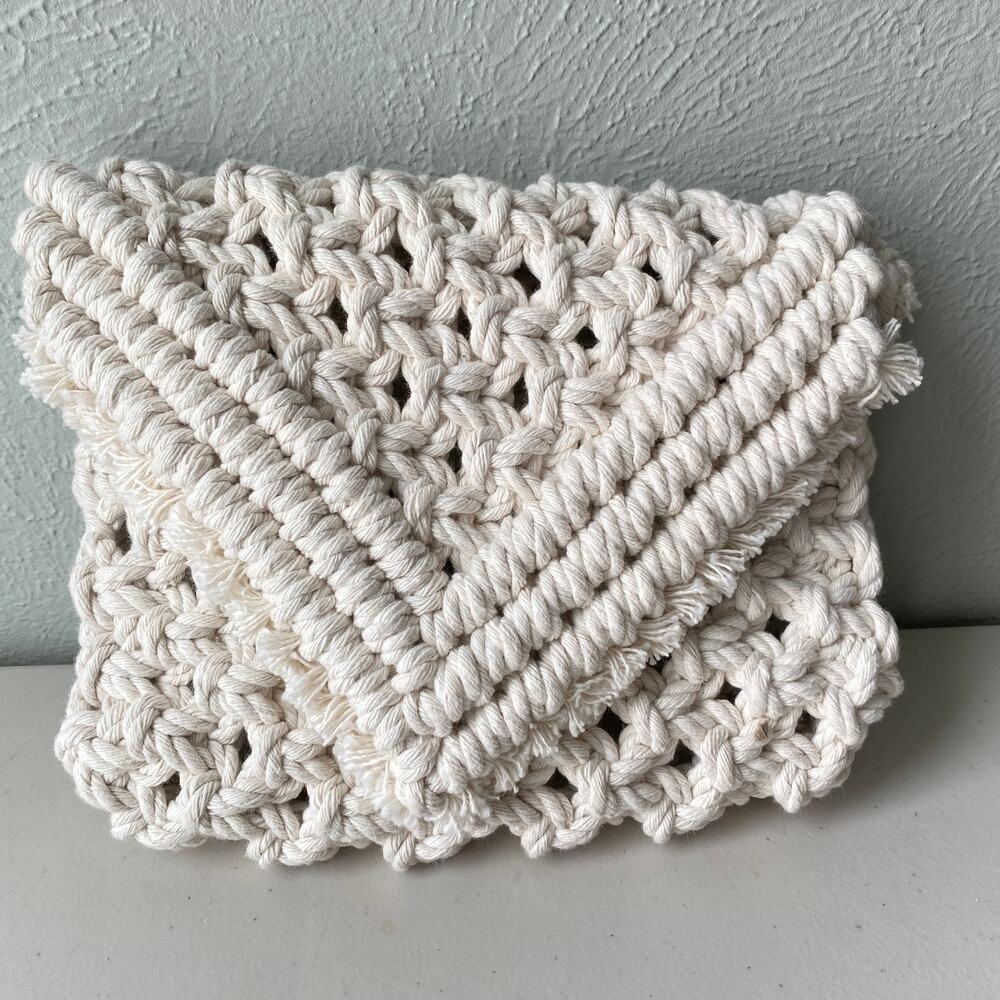 Handmade Macrame Woven Clutch Purse Handbag - Cream Flap Opening